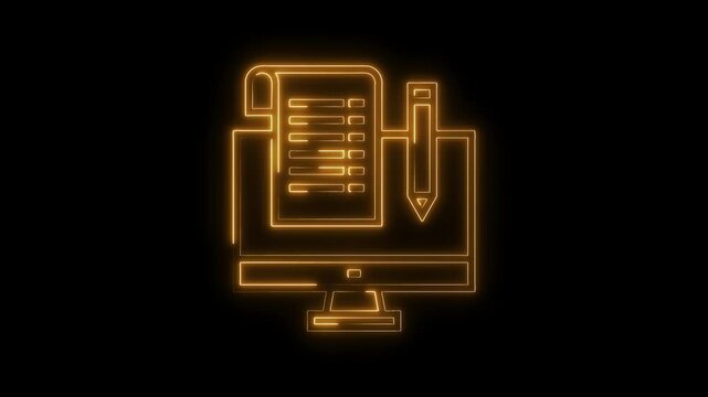 Online form submission glowing neon outline on computer screen with pencil for digital business