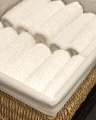 A symphony of plush towels rolled like comforting scrolls, whispering leisure, spa retreat vibes,...