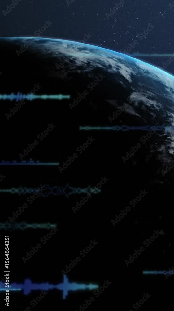 Poster animation of computer language and soundwaves over globe against abstract background