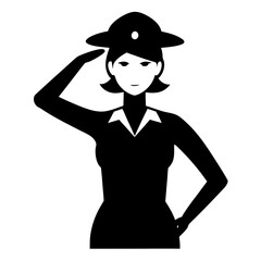 Soldier woman saluting black vector icon on white background.