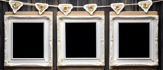 Three Empty Vintage Frames Rustic Wood Background