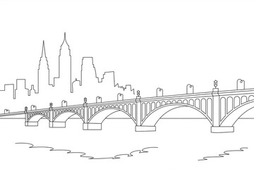 City skyline and a long bridge over water.
