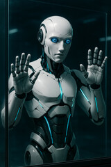 Android robot stands with its hands braced against an obstacle - an invisible or glass wall. An obstacle. Modern technologies of robotics and artificial intelligence.