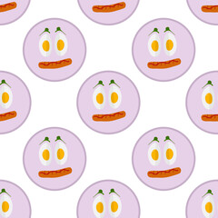 Hard Boiled Egg sliced Grilled Sausage and Ketchup stripe Cute Food Smiley on plate Seamless Pattern