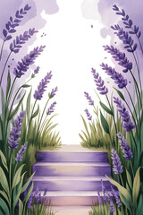 Purple lavender path, steps leading upward. Peaceful, floral scene.

