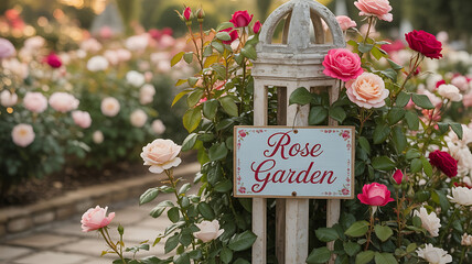 Rose garden sign, vibrant roses in pastel hues.
