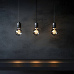 The background of the interior is in the styles of high-tech and minimalism in dark colors. Three filament light bulbs, a wall and a countertop.