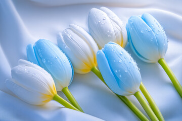 Several delicate tulips of white and blue flowers on a white cloth. Spring flowers