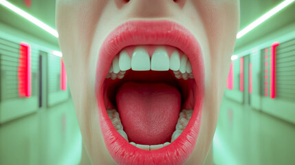 Mouth of woman with beautiful healthy teeth and bright lips is open in a scream. Extremely close-up. The background is a corridor with neon lighting.