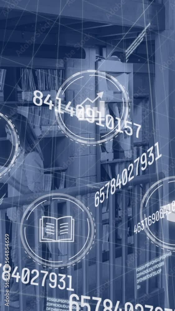 Poster animation of network of icons and data processing over caucasian woman in library