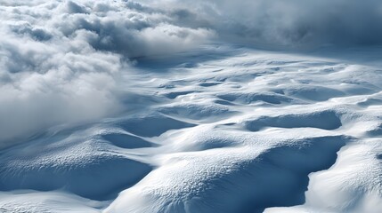 Wind sculpted ice formations a high altitude plateau with racing clouds in the sky rare frozen nature patterns minimalist arctic landscape top down birds eye view white background