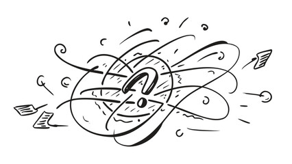 Sketch of a question mark surrounded by swirling lines and scattered papers in black and white style