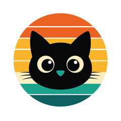 Cute Cat Head with Wide Eyes on Retro Sunset