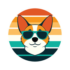 Corgi Dog Wearing Sunglasses on Retro Sunset