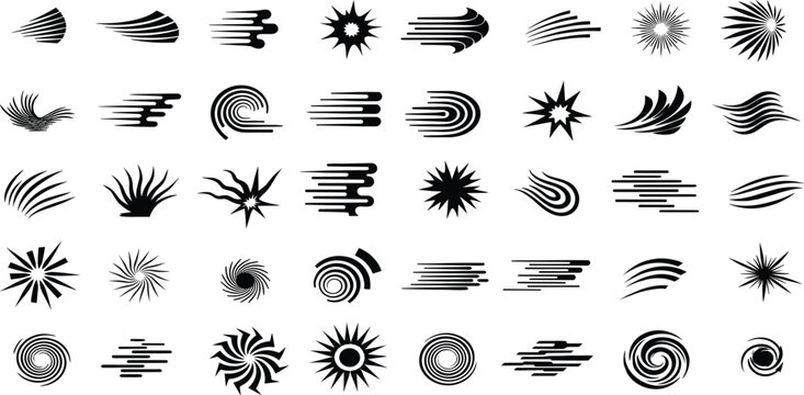 line movement element vector set, comic speed lines, motion lines, dynamic effect, manga action elements, swoosh, burst, swirl, impact stroke, motion streaks, anime style, expressive sketch curve ink