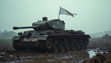 Tank in mud with white flag green tank stuck in muddy field with a white flag on top of the turret