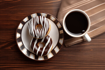 Chocolate donuts with powdered sugar glaze and a cup of coffee on a wooden table. Delicious breakfast or snack.