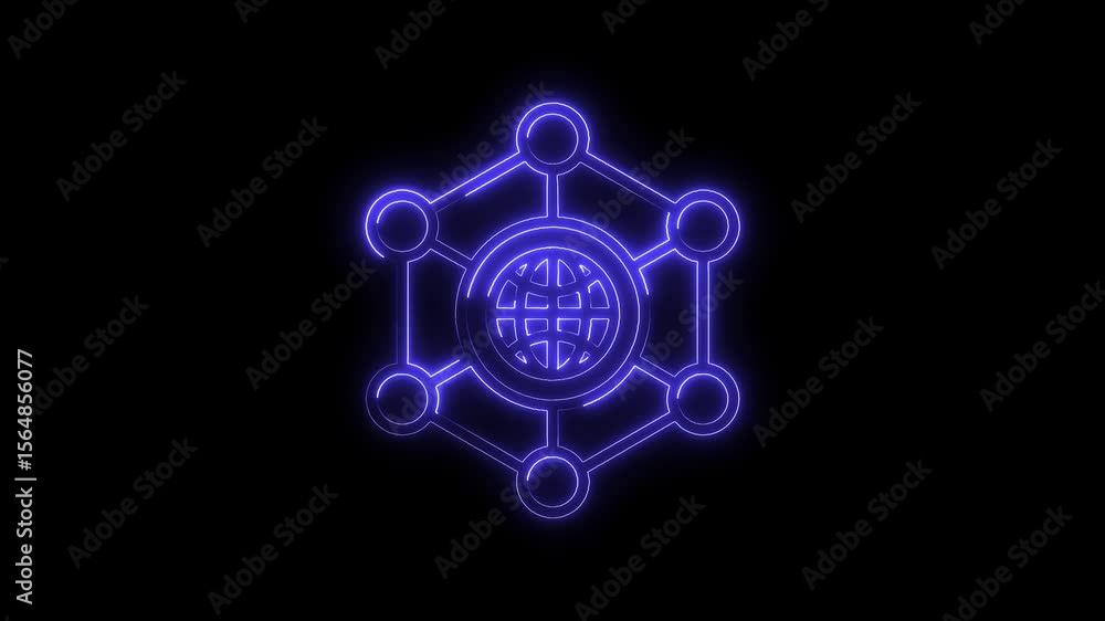 Aufkleber neon global network animation glowing globe connected by nodes and lines on black background