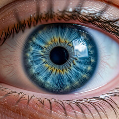 The blue eye of man. Macro. Beautiful iris pattern. Pupil and eyelashes, healthy eye.