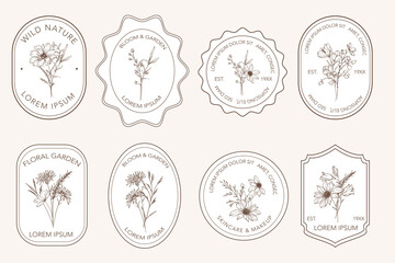 Vintage Floral Logo Design. Vintage wildflowers Label. Floral Line Art. Outline Labels for Packaging. Floral Sticker Design Template. Vintage Logo Design with Flowers. Natural Organic Labels
