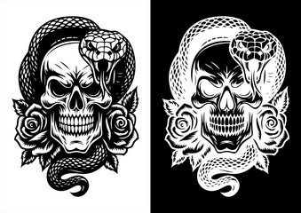 Skull Rose and Snake Monochrome Vector Artwork Black White Line Art