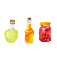 three bottles of different colored liquids on a white surface