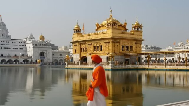 Golden Temple with Amritsar, and Sikh man.
