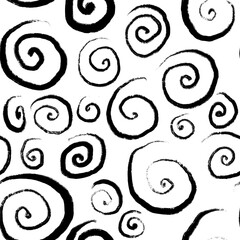 Seamless pattern with black spirals, swears and curves on white background