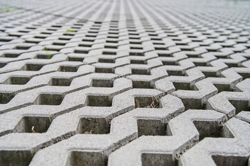 Fototapeta premium Close view of textured concrete paving with a hexagonal pattern, showing natural growth in the grooves.