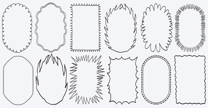 Abstract shape punk frames with zigzag flame and explosion effect and wavy lines. Punk rock border set with speech bubble, grunge strokes for covers, poster or concert event placards and social media.