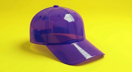Vibrant translucent purple cap with whimsical face design on bright yellow background, ideal for playful novelty product photography