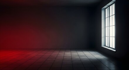 Atmospheric empty room, strong red light, bright window, dark interior, moody backdrop, contrasting shadows, dramatic lighting, minimalist space, conceptual art, suspenseful setting.