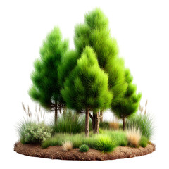 Lush green pine trees and various grasses on a small island of earth isolated on transparent background