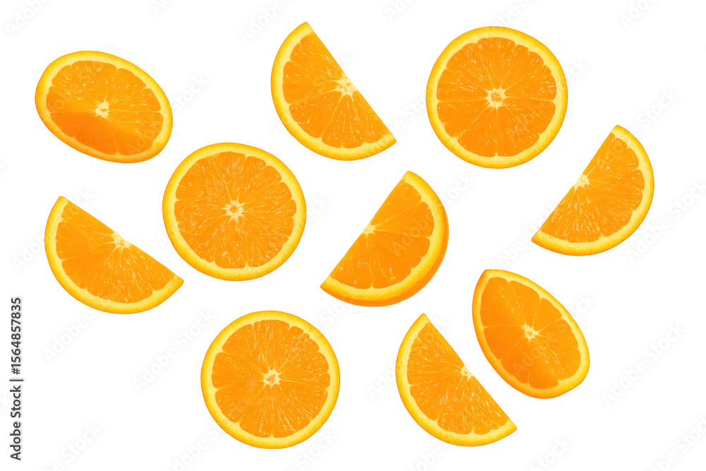Poster fresh, juicy orange slices and whole oranges are floating against a transparent background, creating