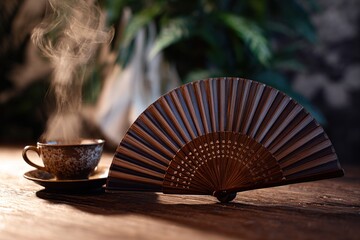 Asian tea ceremony with a fan. Chinese background. High quality