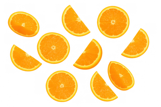 Fresh, juicy orange slices and whole oranges are floating against a transparent background, creating a vibrant and refreshing image