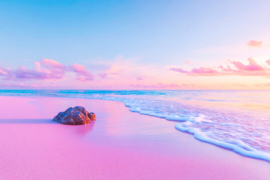 Pink sunset on minimalist beach with single dark rock for dramatic seascape