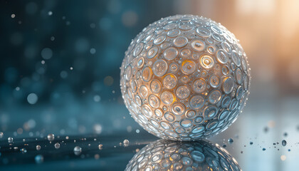 A captivating close-up of a textured glass sphere, adorned with water droplets and soft, ethereal reflections.