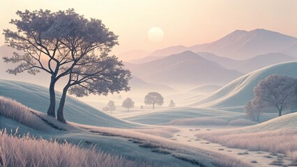 Majestic mountain landscape at sunrise or sunset, featuring a serene winter scene with snow-covered trees, dramatic clouds, and a golden skyMajestic mountain landscape at sunrise or sunset, featuring 