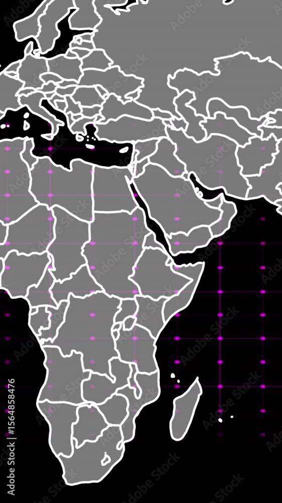 Poster animation of data processing over world map on dark background
