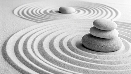 Zen garden with stones in sand, a harmonious design of circles, spirals, and waves for peaceful meditation