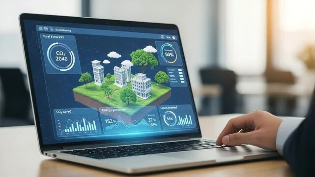 Businessman monitoring environmental sustainability data, CO2 reduction targets, and energy generation on a laptop with a smart city hologram, highlighting ESG focus