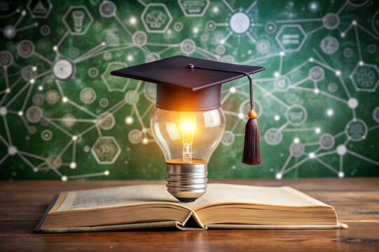 Graduation cap lightbulb and book symbolizing learning and innovation