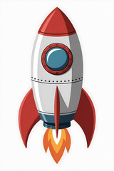 Red and white rocket ship, ready for launch.

