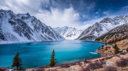 Snow-capped mountains and ice lake in winter, natural scenery