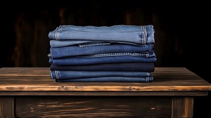 Stack of Blue Jeans on Rustic Wooden Table