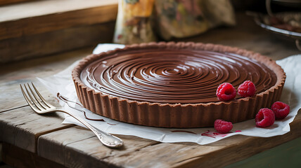 Chocolate tart with raspberry topping. Rich and decadent.

