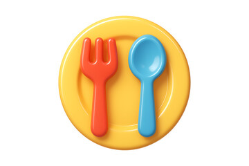 Colorful 3D Cutlery and Plate Icon Isolated on a Transparent Background