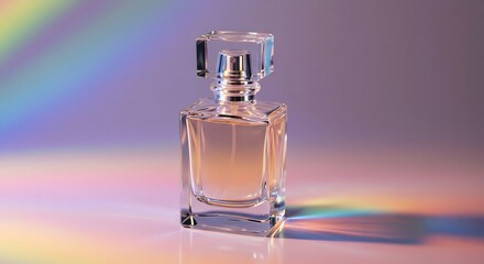 A clear glass perfume bottle, beautifully lit with iridescent light Prismatic glass perfume bottle, a modern design illuminated by colorful light, conveying elegant beauty
