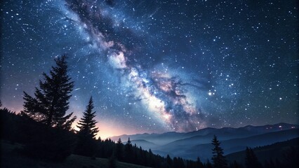 Mountain landscape at dawn with a starry sky, trees, and soft blue light over the winter forest horizon